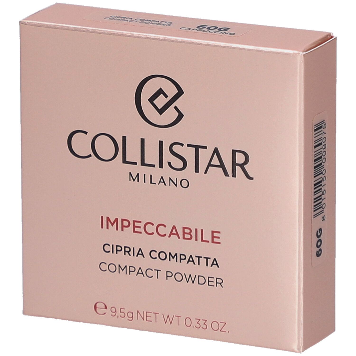 Collistar Impeccabile Compact Powder verpakking. Roze doos met logo en productinfo. 60G Cappuccino.
