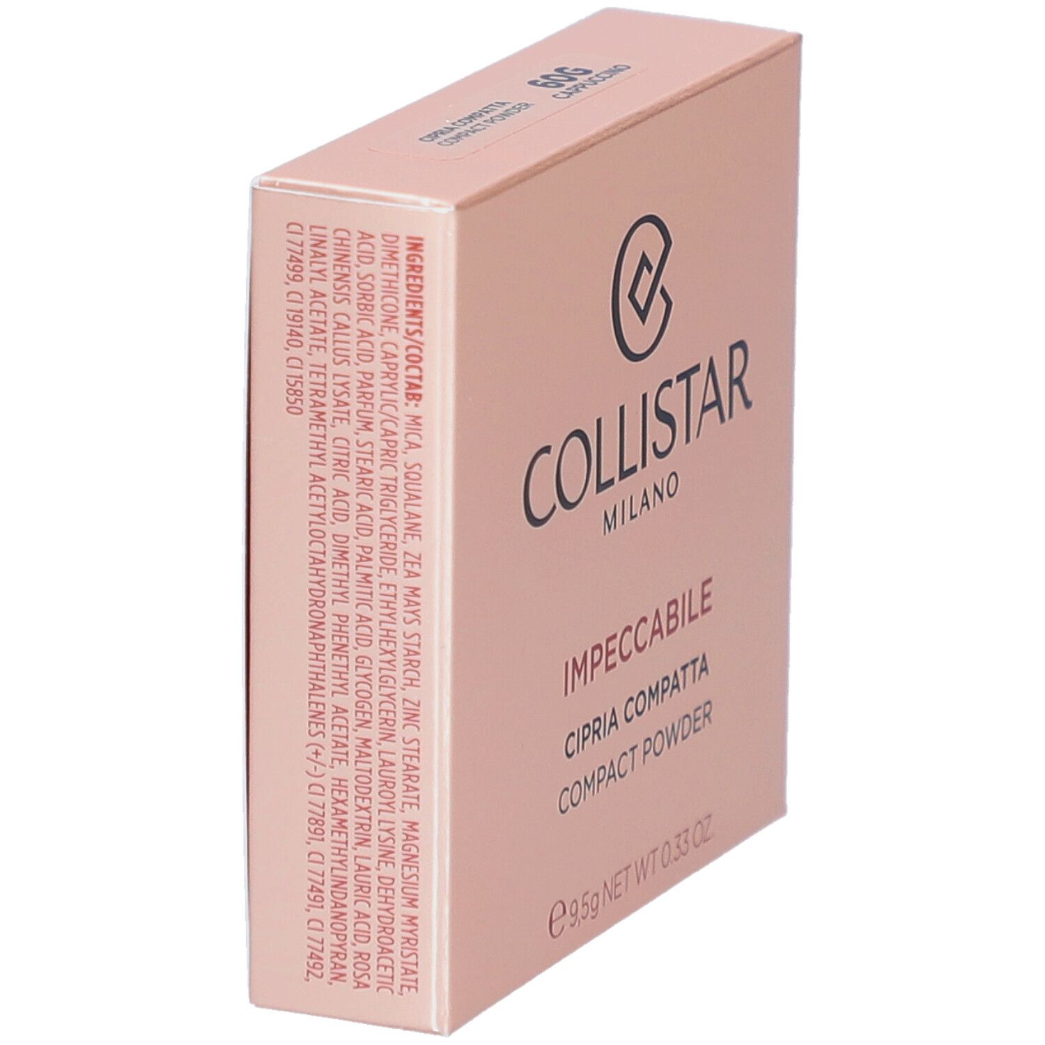 Collistar Impeccabile Compact Powder verpakking. Roze doos met logo en ingrediënten. 60G Cappuccino.