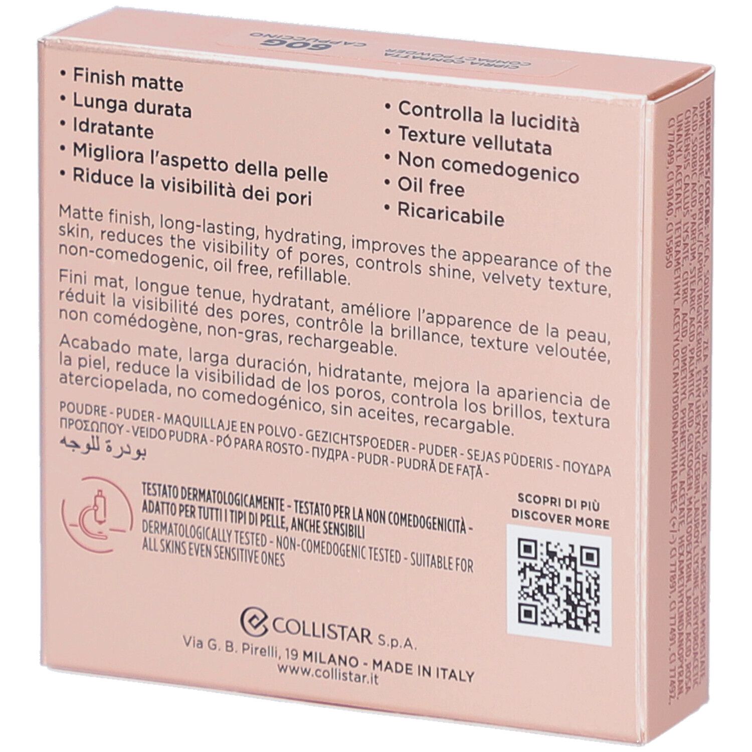 Achterkant van de Collistar Impeccabile Compact Powder verpakking. Roze doos met productinfo en QR-code.
