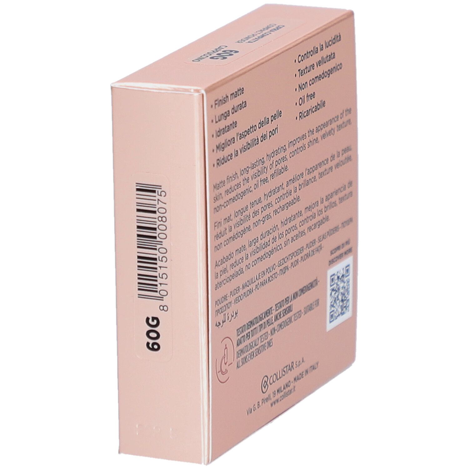 Achterkant van de Collistar Impeccabile Compact Powder verpakking. Roze doos met productinfo en QR-code.