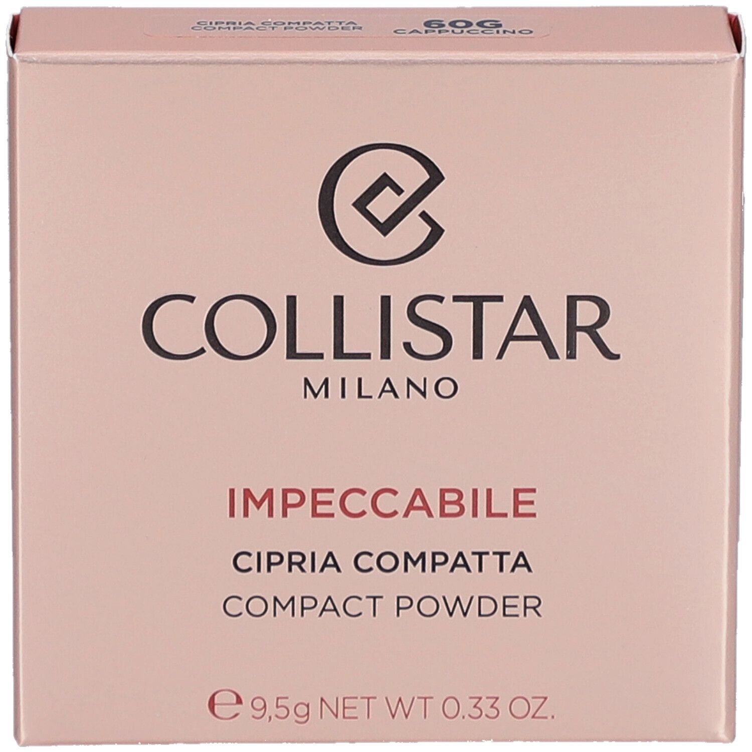 Collistar Impeccabile Compact Powder verpakking. Roze doos met logo en productinfo. 60G Cappuccino.