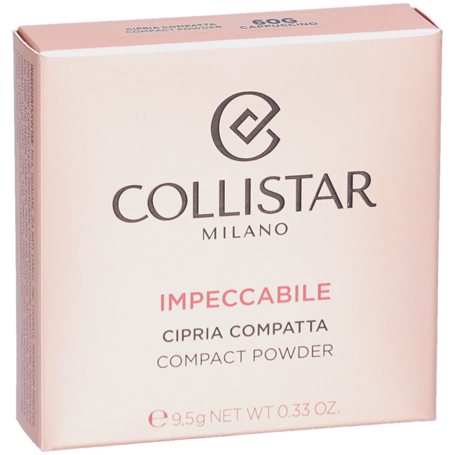 Collistar Impeccabile Compact Powder verpakking. Roze doos met logo en productinfo. 60G Cappuccino.