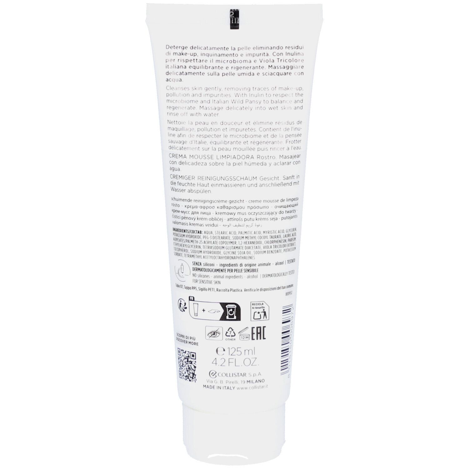 Dos d'un tube blanc. Texte : Cleansing Cream To Mousse. Ingrédients, instructions et informations fabricant.