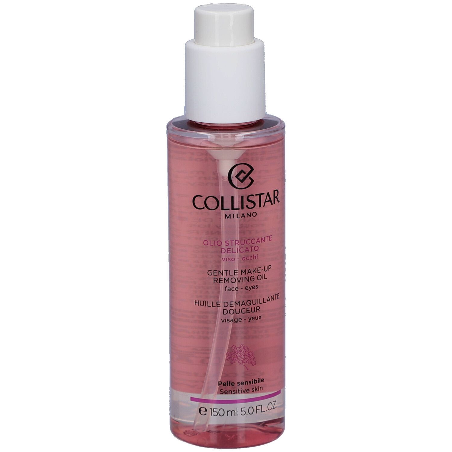 Flacon transparent rose avec pompe blanche. Inscription: Collistar, Gentle Make-up Removing Oil. Peau sensible.