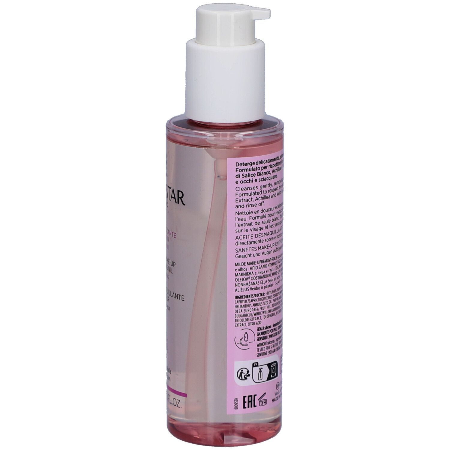 Dos du flacon. Texte et code QR. Ingrédients et informations fabricant. Liquide rose visible.