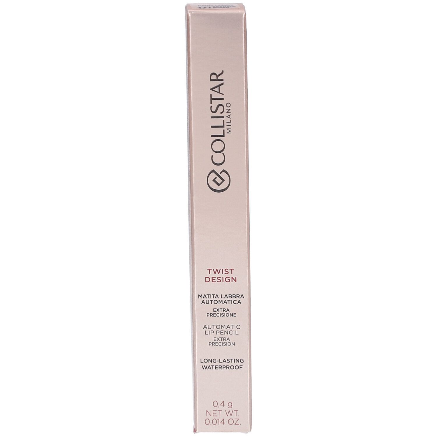 Smalle, roze verpakking. Op de verpakking staat "Collistar", "Twist Design" en "Automatic Lip Pencil".