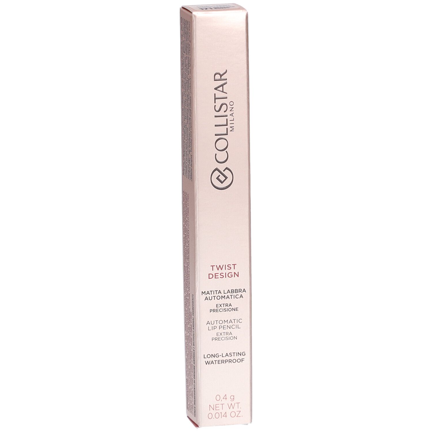 Smalle, roze verpakking. Op de verpakking staat "Collistar", "Twist Design" en "Automatic Lip Pencil".