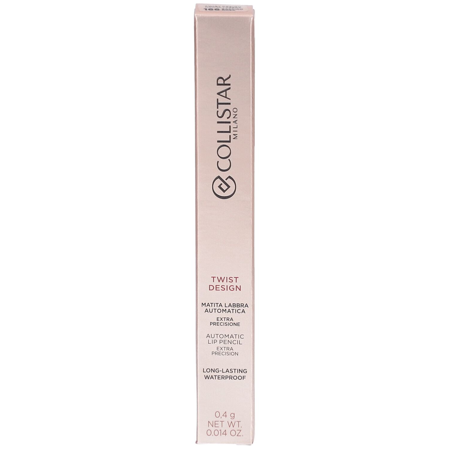 Smalle roze verpakking. Opschriften Collistar Milano, Twist Design, Matita Labbra Automatica, Automatic Lip Pencil, Long-Lasting Waterproof.