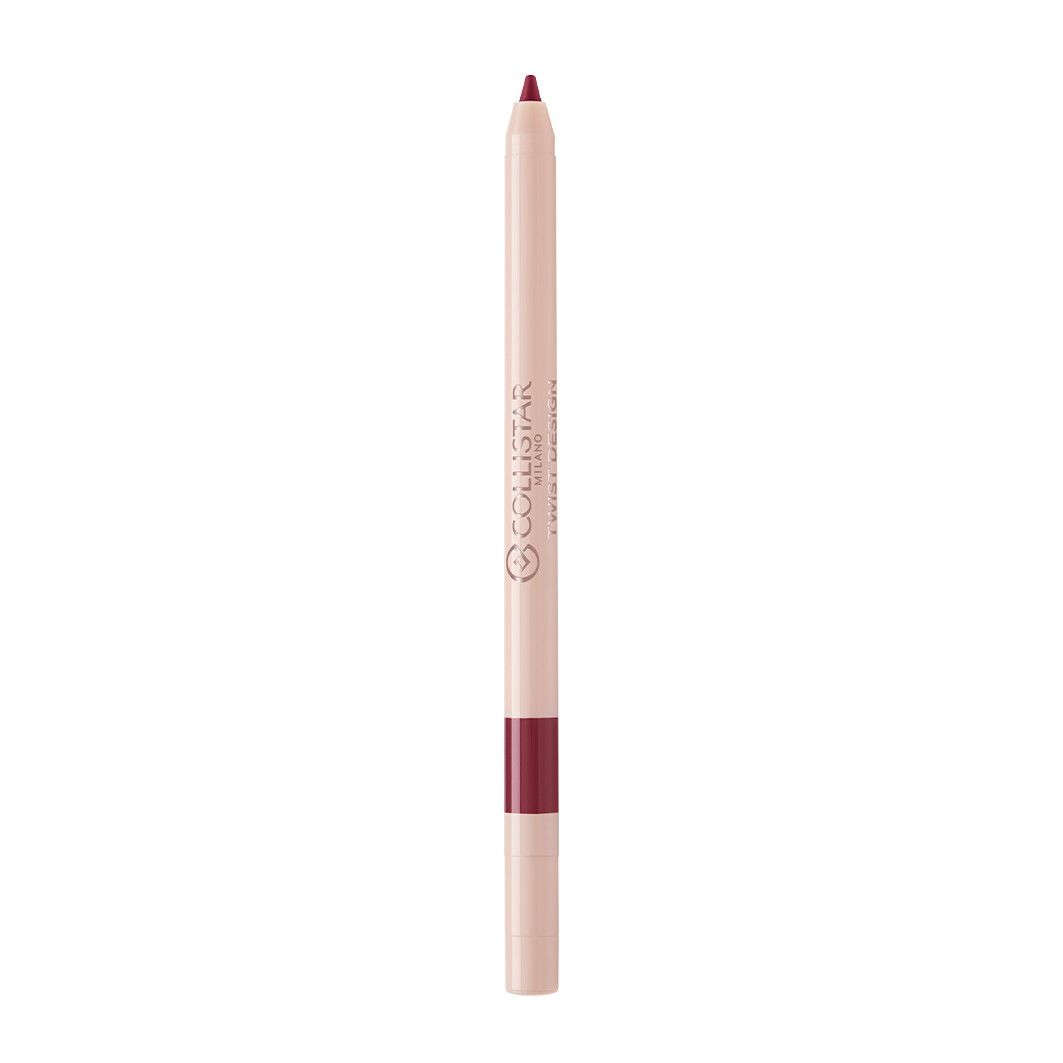 Collistar lippenpotlood. Roze potlood met donkerrode stift en zilveren logo.
