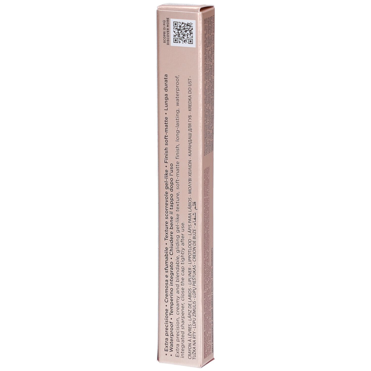 Achterkant van de Collistar Twist Design Crayon à Lèvres verpakking. Tekst met kenmerken en QR-code.