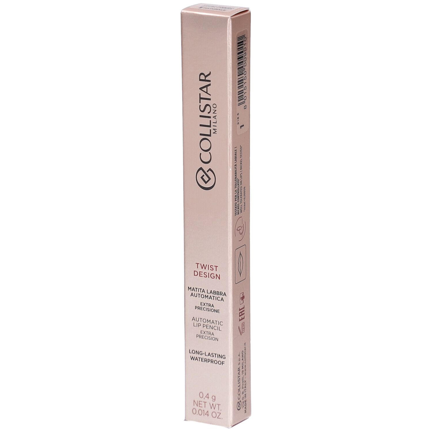 Roze verpakking. Collistar Milano, Twist Design, Matita Labbra Automatica, Automatic Lip Pencil, Long-Lasting Waterproof.