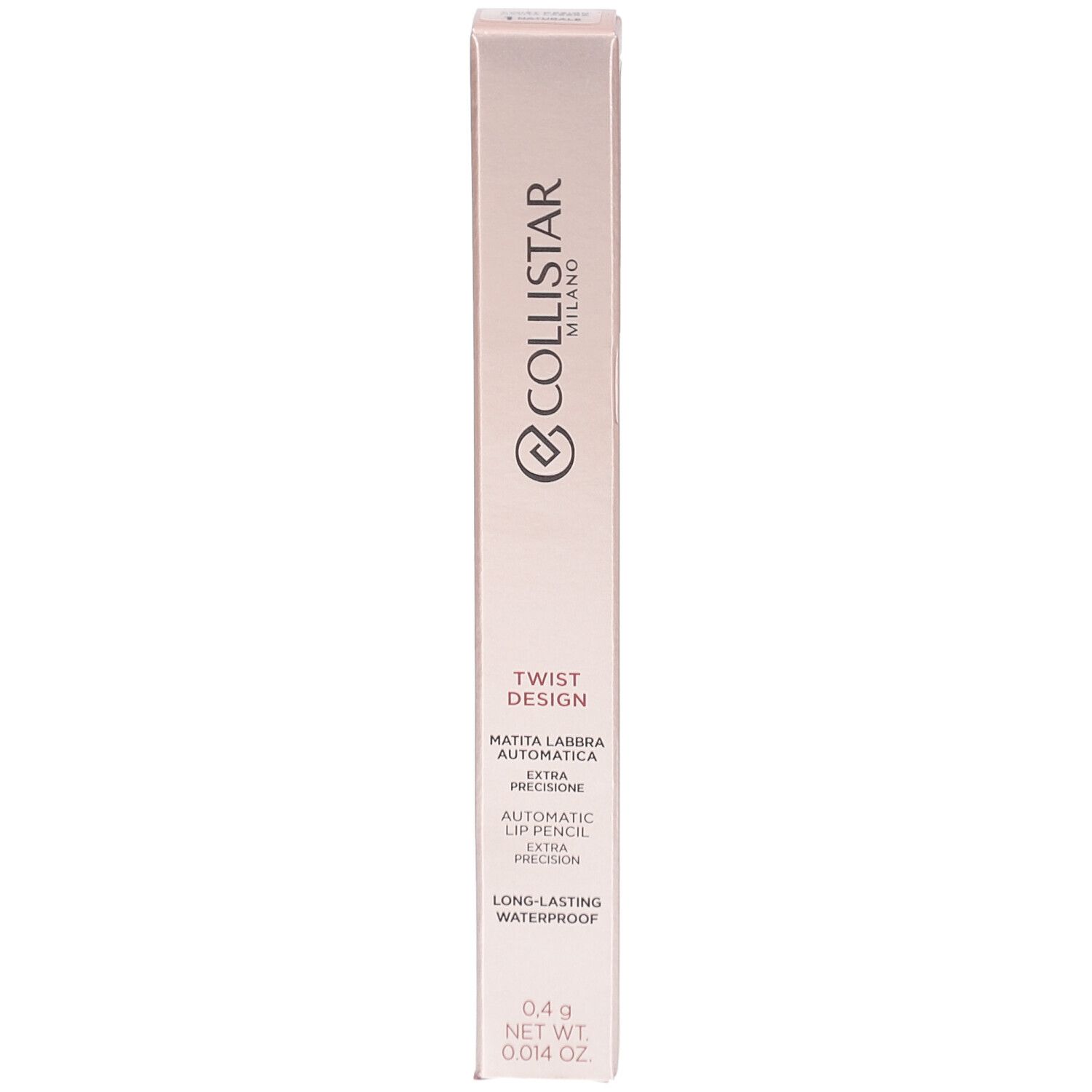 Roze verpakking. Collistar Milano, Twist Design, Matita Labbra Automatica, Automatic Lip Pencil, Long-Lasting Waterproof.