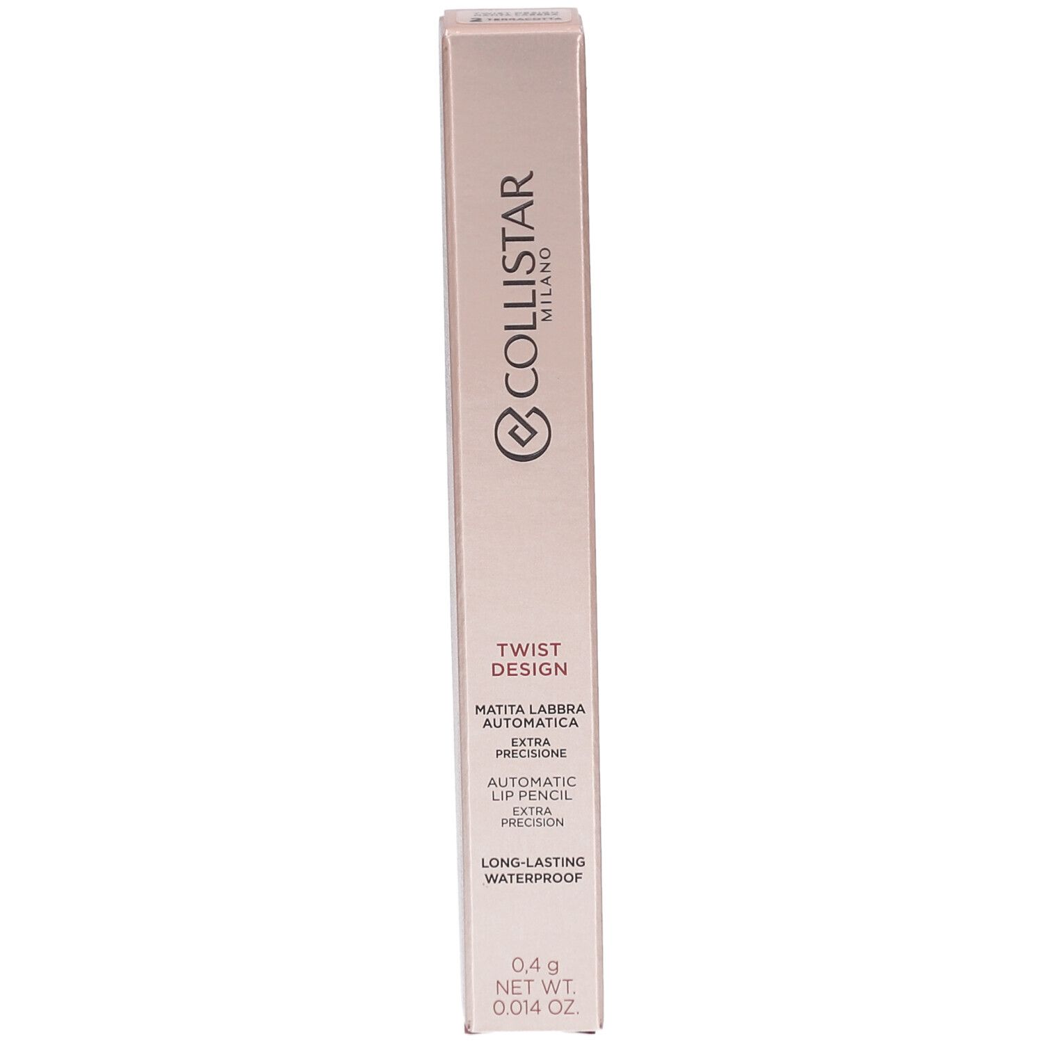 Collistar lippenpotloodverpakking. Roze doos met productnaam en details. Tekst in het Italiaans en Engels.