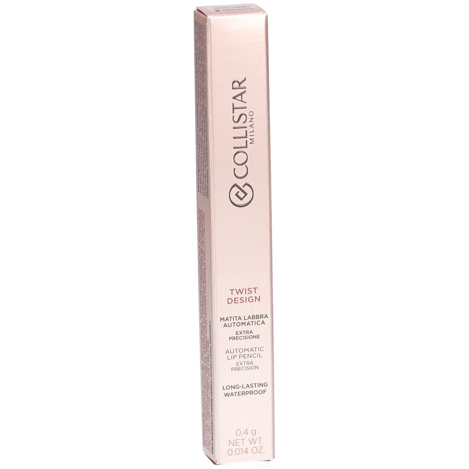 Collistar lippenpotloodverpakking. Roze doos met productnaam en details. Tekst in het Italiaans en Engels.