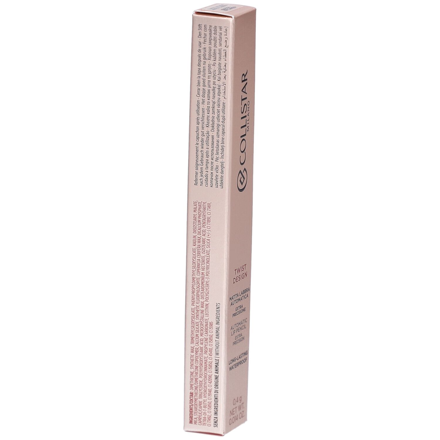 Achterkant Rosa Cameo lipliner verpakking. Tekst, ingrediënten, Collistar Milano, Twist Design, 0,4 g.