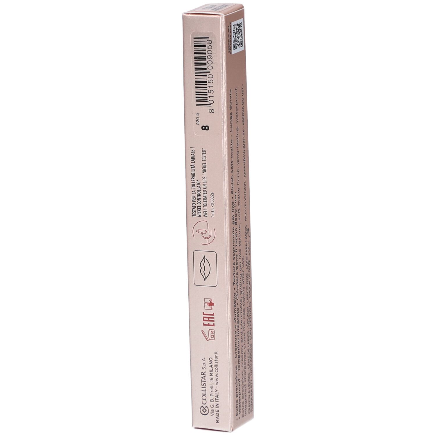 Achterkant Rosa Cameo lipliner verpakking. Tekst, QR-code, Collistar Milano, 8015150090988.