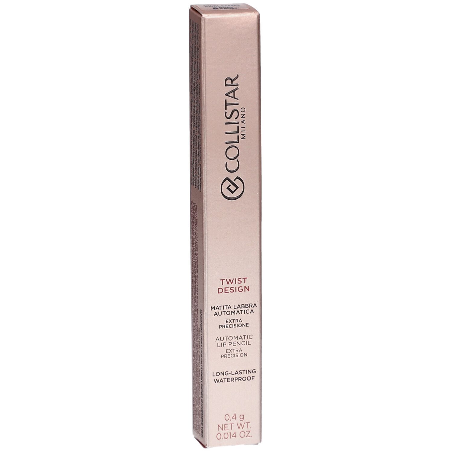 Rosa Cameo lipliner verpakking. Collistar Milano. Twist Design, automatische lippenstift, waterproof. 0,4 g.