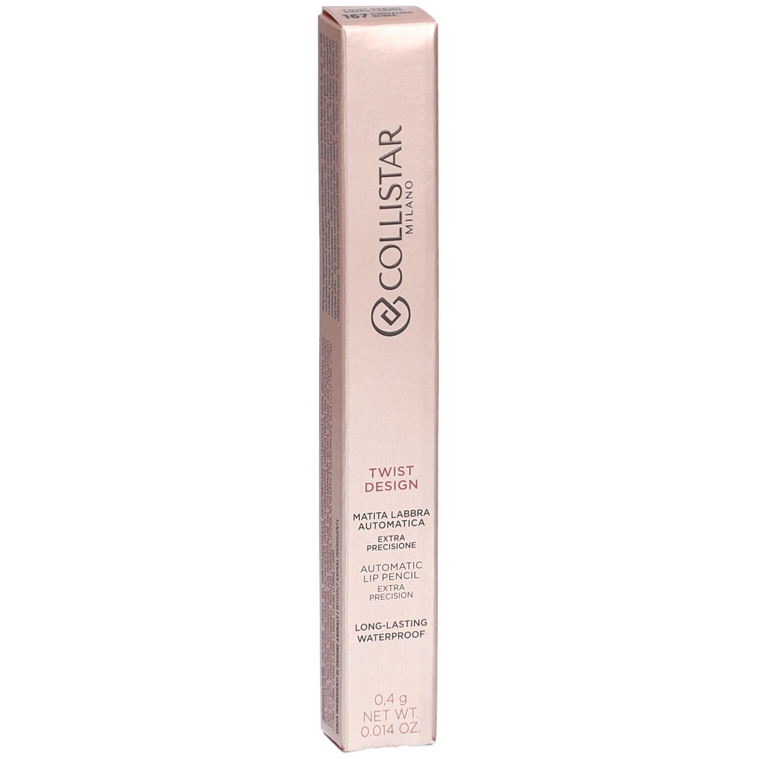 Collistar lippotloodverpakking. Roze-gouden doos met productnaam en logo. Tekst: Twist Design, Automatic Lip Pencil, Long-lasting Waterproof.