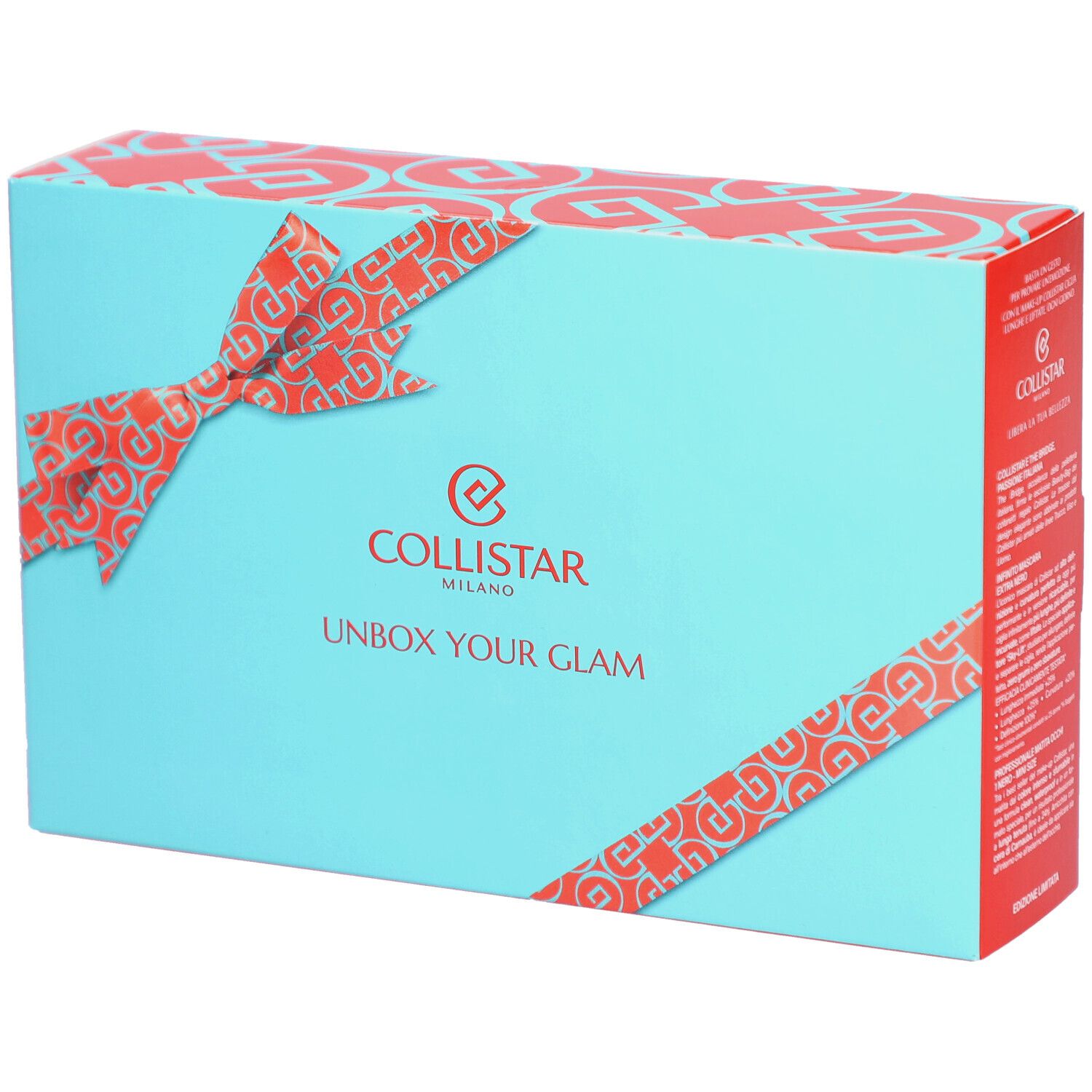 Coffret turquoise avec ruban rouge et logo. Inscription: UNBOX YOUR GLAM. Marque: Collistar Milano.