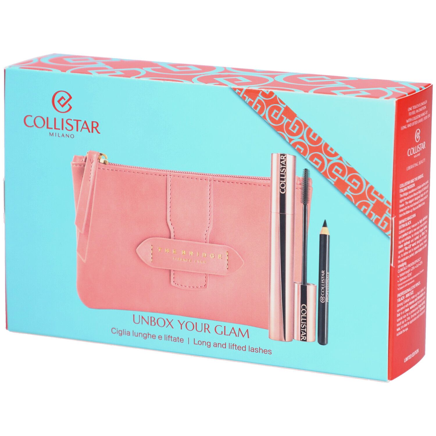 Coffret cadeau avec trousse de maquillage, mascara et eye-liner. Boîte turquoise avec ruban rouge. Marque: Collistar Milano. Texte: UNBOX YOUR GLAM.
