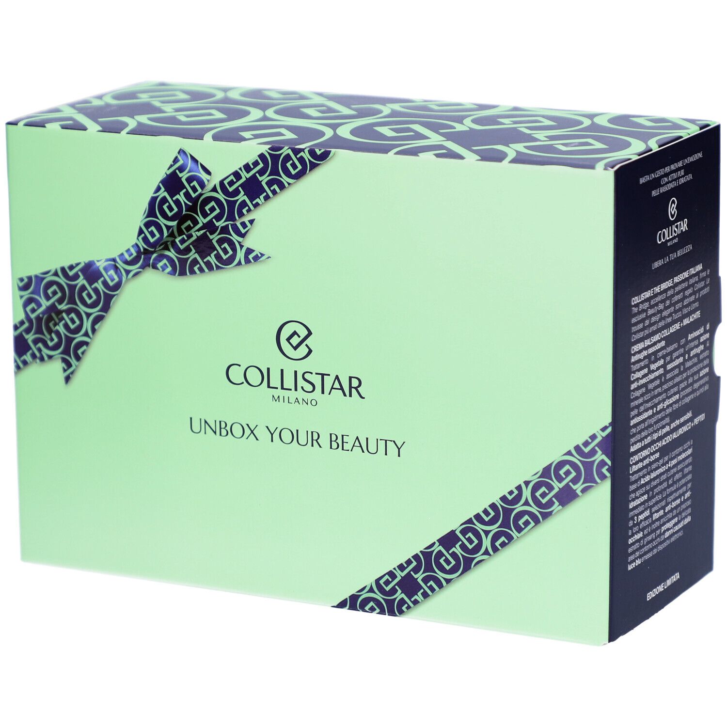 Coffret cadeau Collistar : boîte vert pâle avec motif de ruban bleu foncé et nœud. Logo et inscription "Unbox Your Beauty".