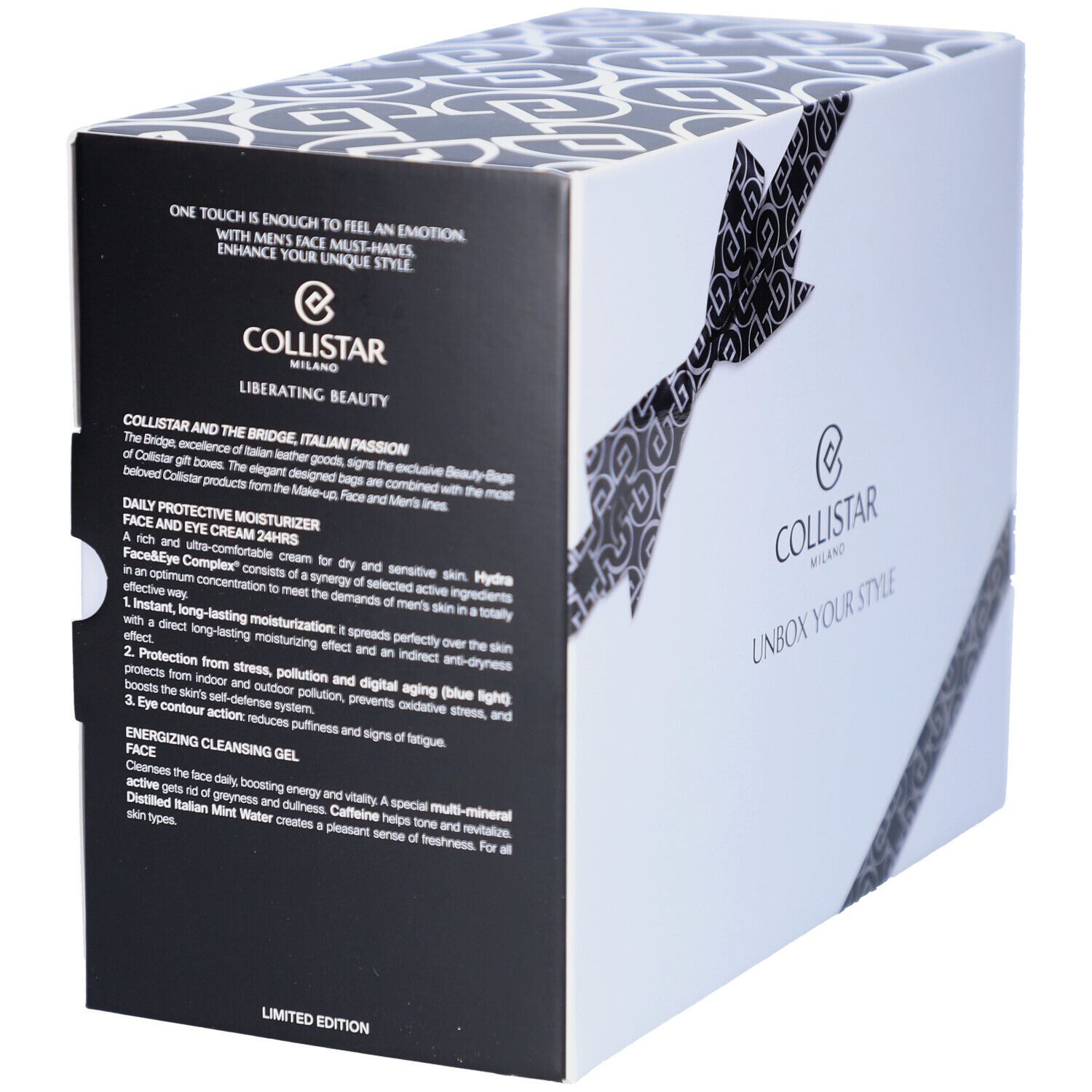 Collistar Geschenkset Mann Must-haves Gesicht met productbeschrijving aan de zijkant.
