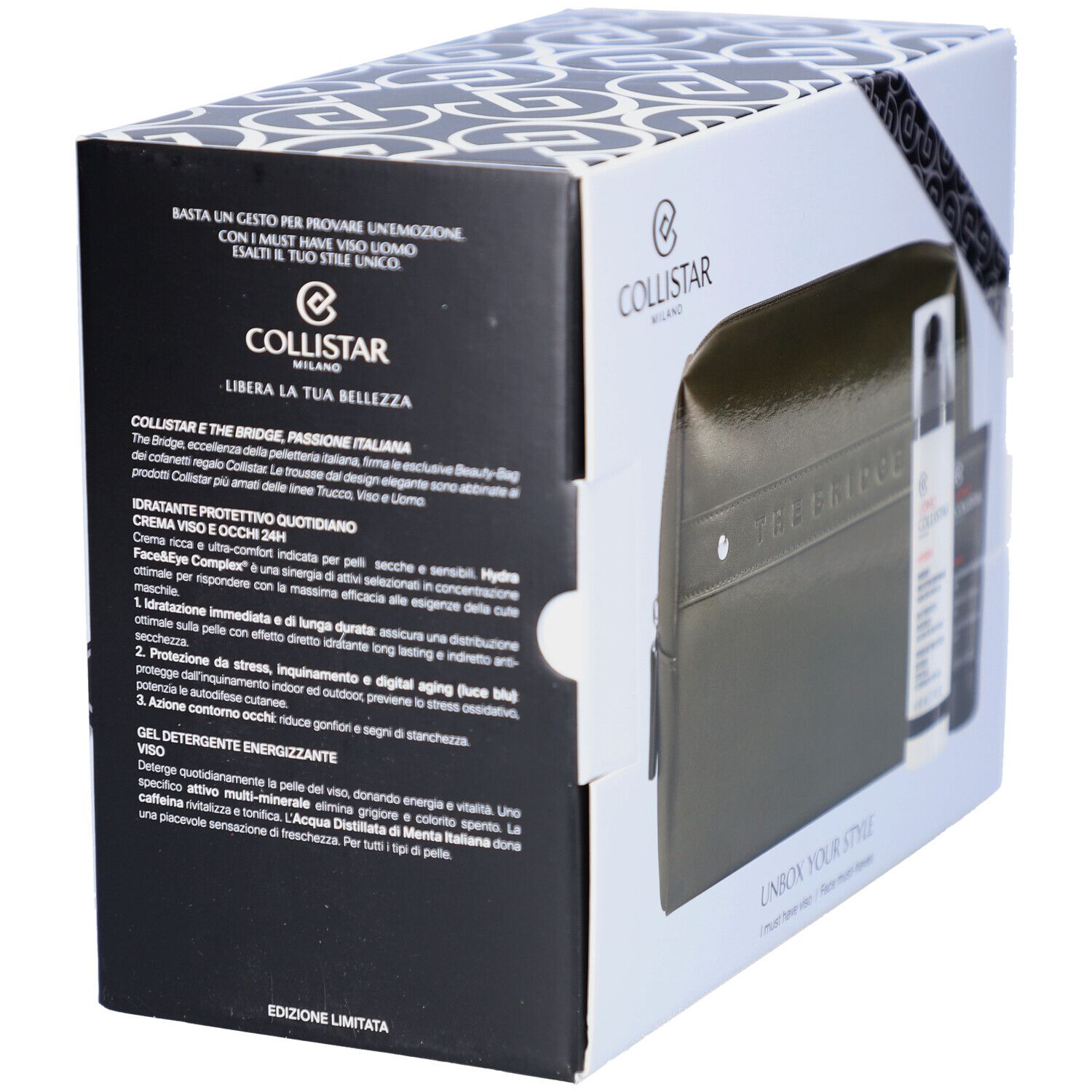 Collistar Geschenkset Mann Must-haves Gesicht, zijaanzicht met toilettas en producten.