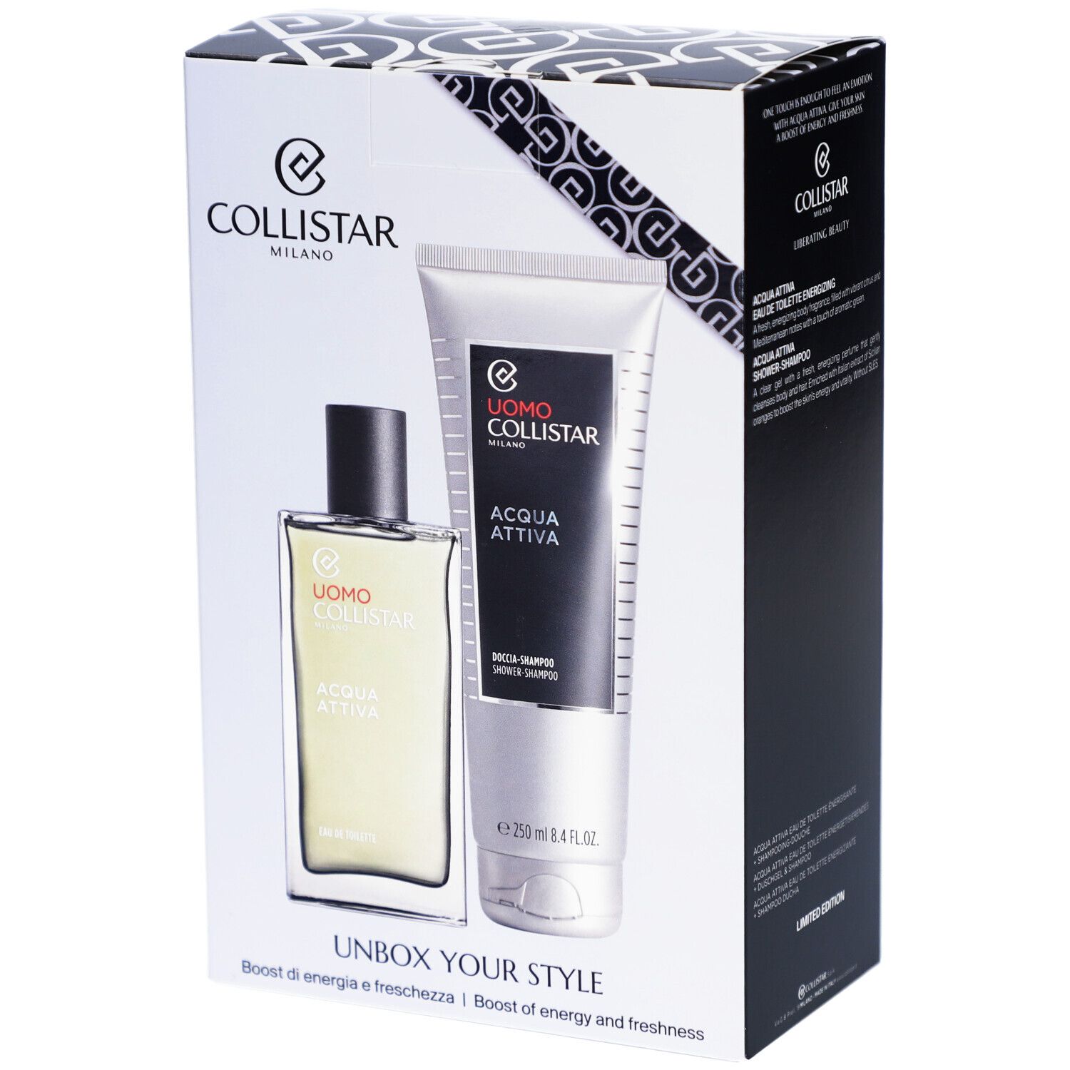 Collistar cadeaubox voor heren: eau de toilette en douchegel. Tekst "Unbox Your Style".