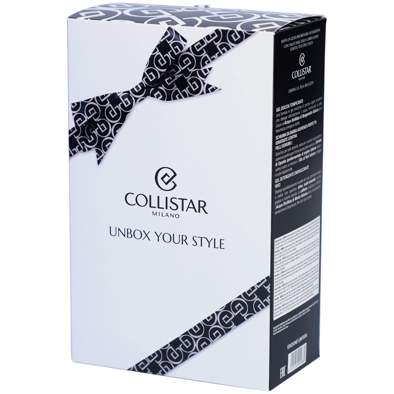 Coffret cadeau avec nœud. Marque Collistar Milano. Texte: Unbox Your Style.