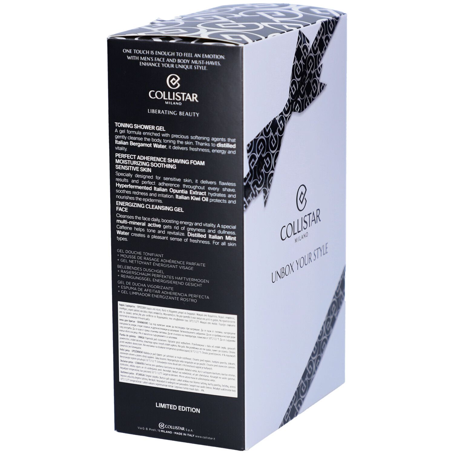 Coffret cadeau, dos. Texte: Collistar Milano. Descriptions de produits en plusieurs langues.
