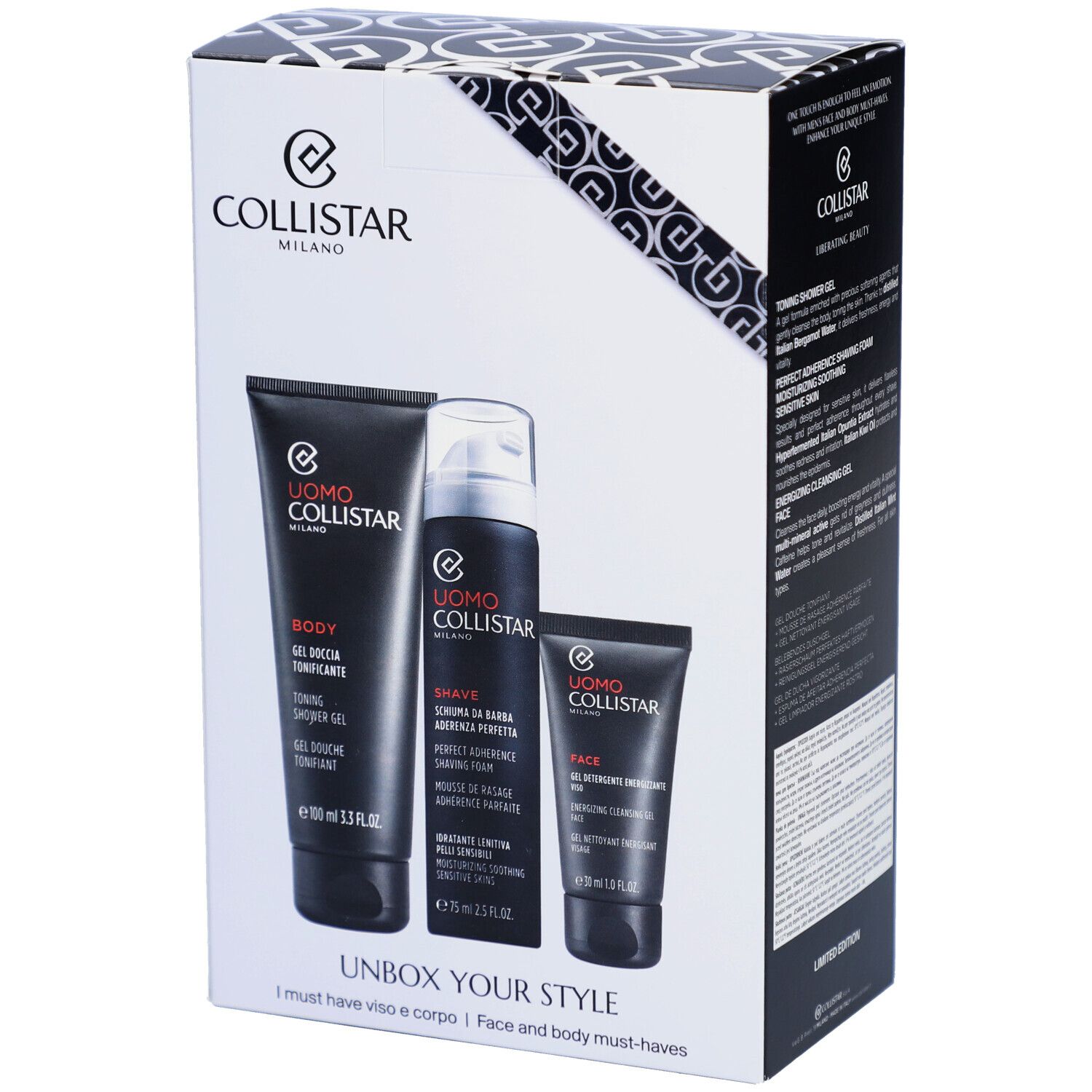 Coffret cadeau avec trois produits. Marque Collistar Milano. Texte: Uomo, Unbox Your Style.