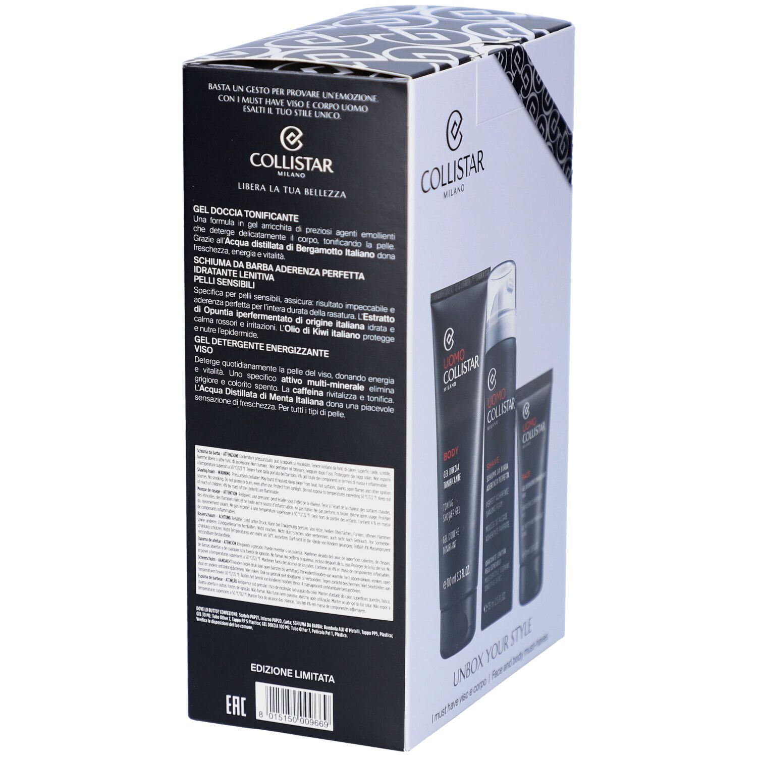 Coffret cadeau, dos. Produits visibles. Texte: Collistar Milano. Descriptions de produits.