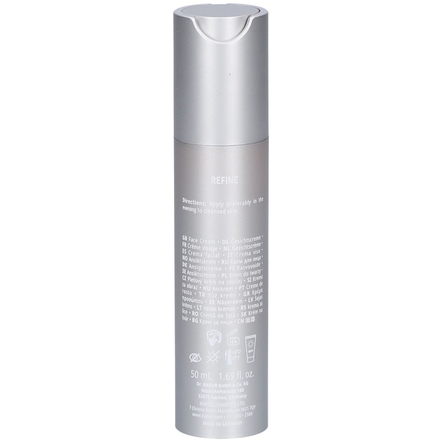 Flacon argenté avec pompe doseuse. Inscription: 50 ml 1.69 fl. oz. Texte en plusieurs langues.