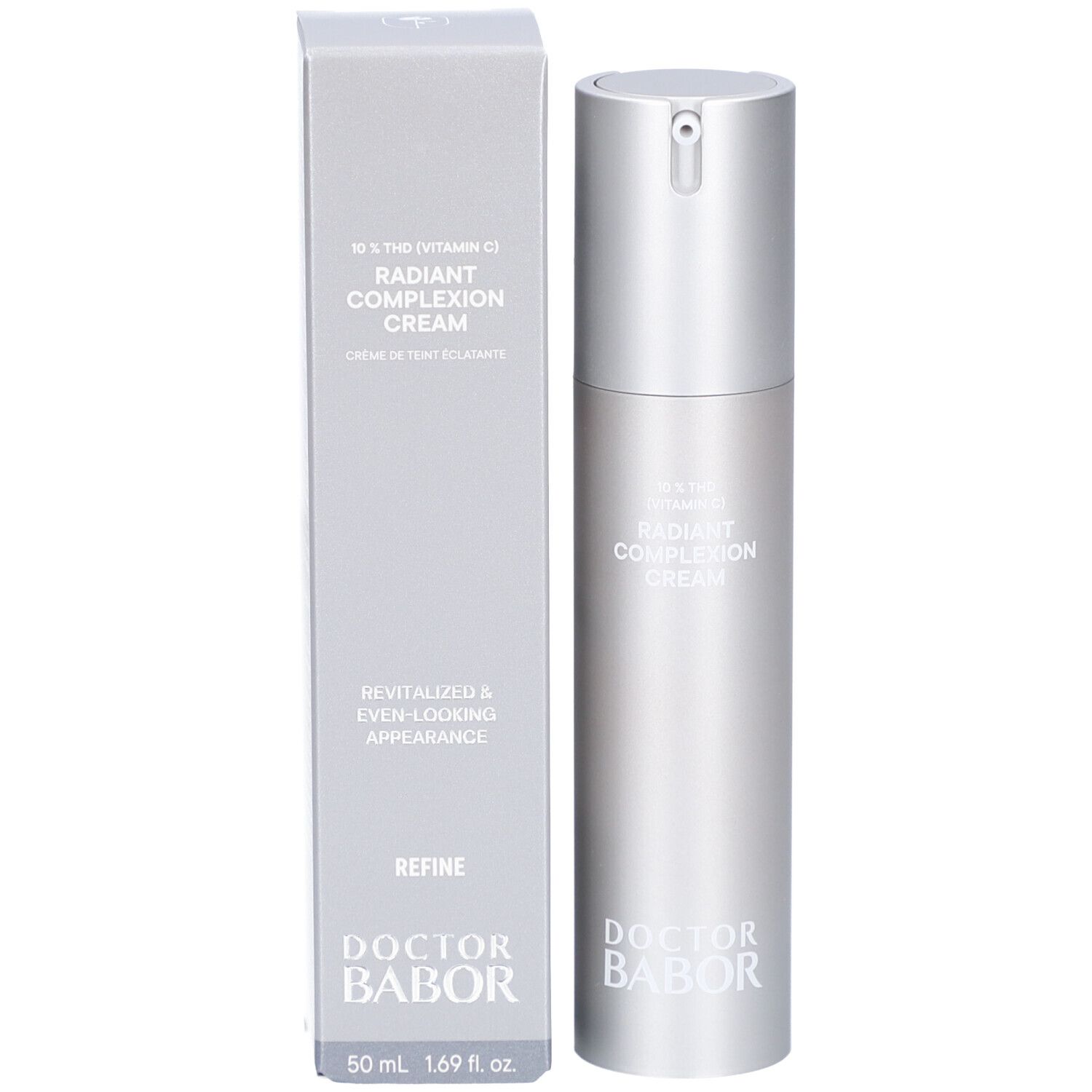 Flacon et boîte du produit. Inscription: Doctor BABOR, Radiant Complexion Cream. 50 ml.
