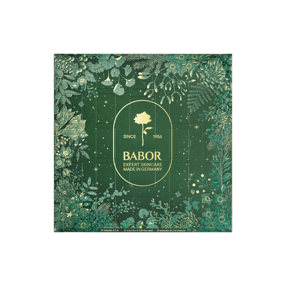 Adventskalender met groen bloemmotief. Logo: BABOR EXPERT SKINCARE MADE IN GERMANY. Groen-gouden verpakking.
