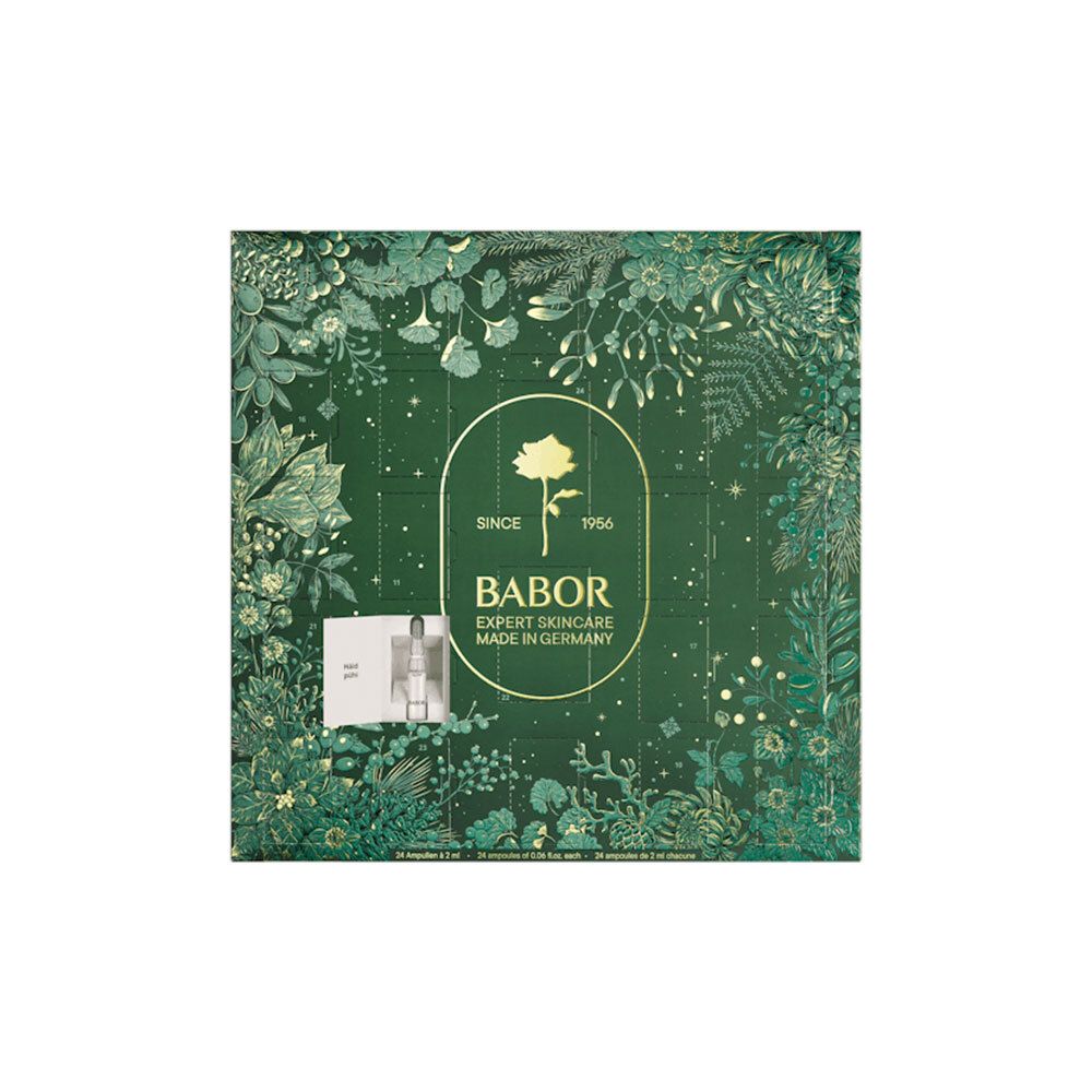 Adventskalender met geopende deurtjes. Logo: BABOR EXPERT SKINCARE MADE IN GERMANY. Groen-gouden verpakking. Deurtjes open.