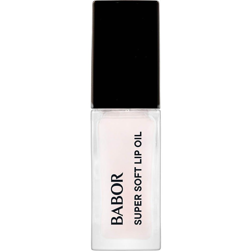 Transparante lipverzorging in een rechthoekige fles met zwarte dop. Opschrift: BABOR, SUPER SOFT LIP OIL.