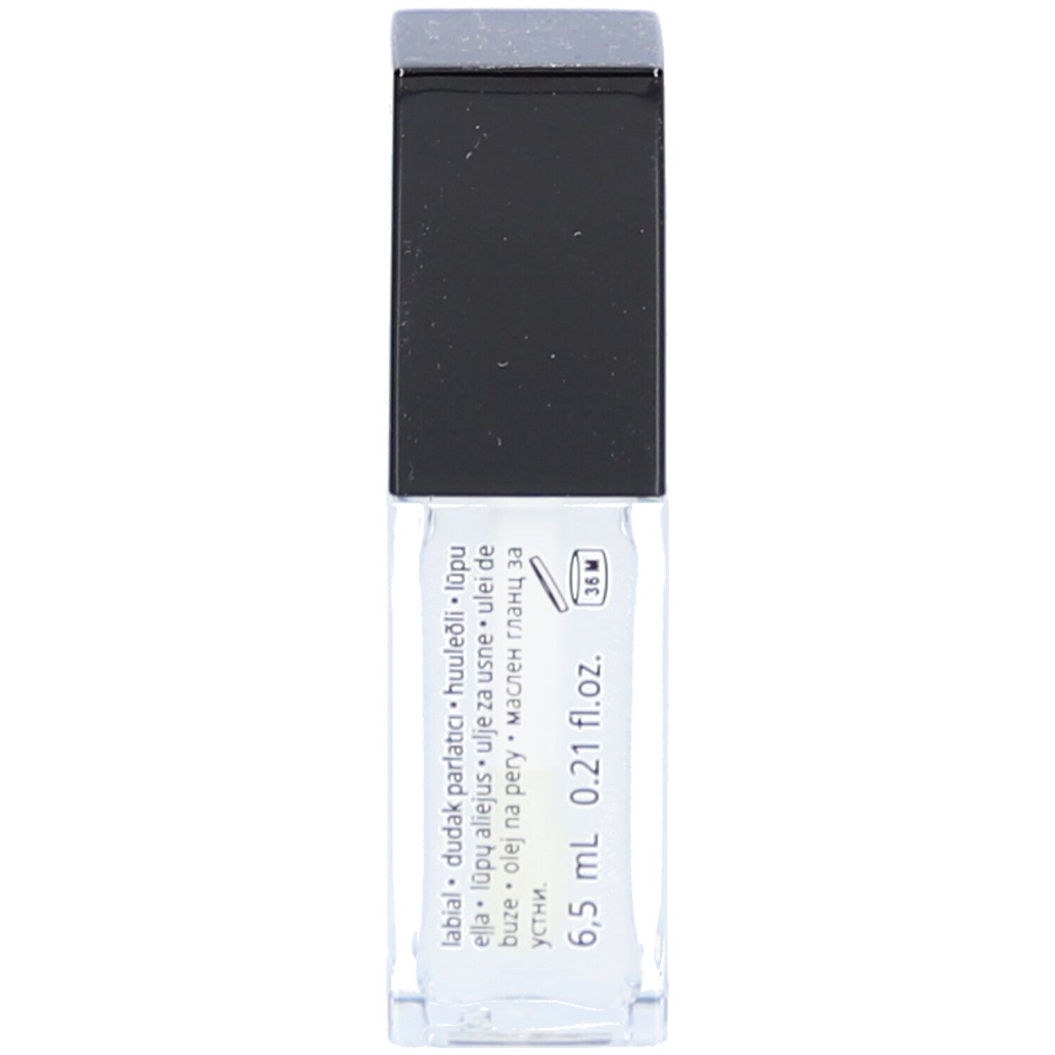 Flacon d'huile à lèvres transparent avec bouchon noir. Inscription : 6,5 ml 0,21 fl.oz.