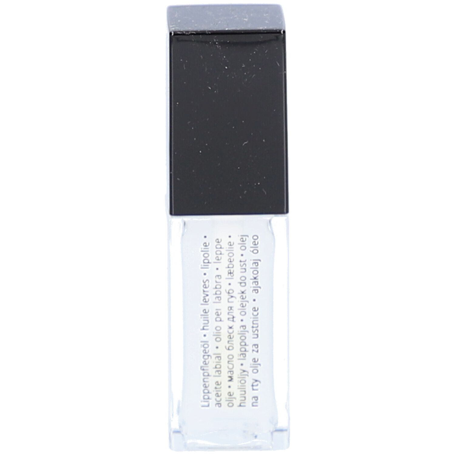 Flacon d'huile à lèvres transparent avec bouchon noir. Inscription : huile lèvres, olio per labbra.