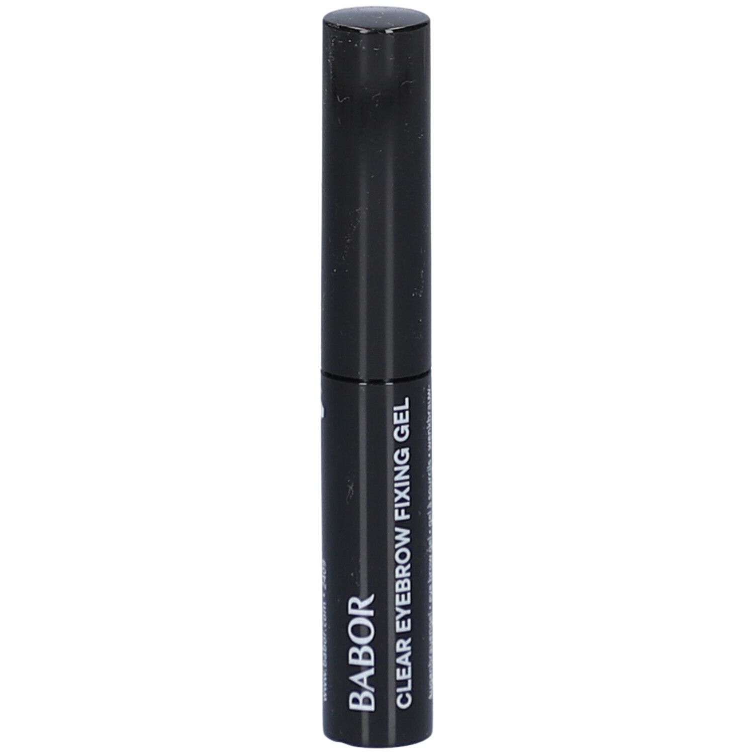 Zwarte tube met zwarte dop. Opschrift: Babor Clear Eyebrow Fixing Gel.