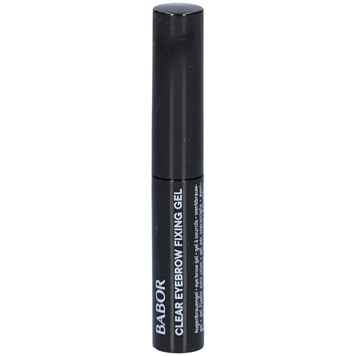 Zwarte tube met zwarte dop. Opschrift: Clear Eyebrow Fixing Gel.