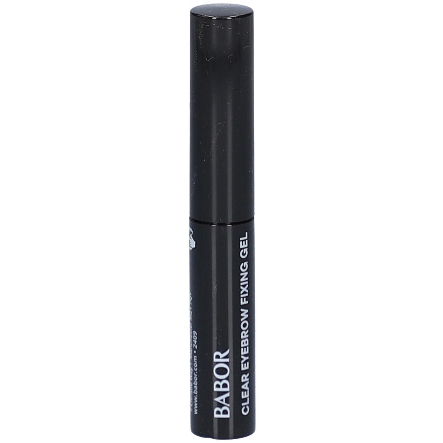 Zwarte tube met zwarte dop. Opschrift: Clear Eyebrow Fixing Gel.