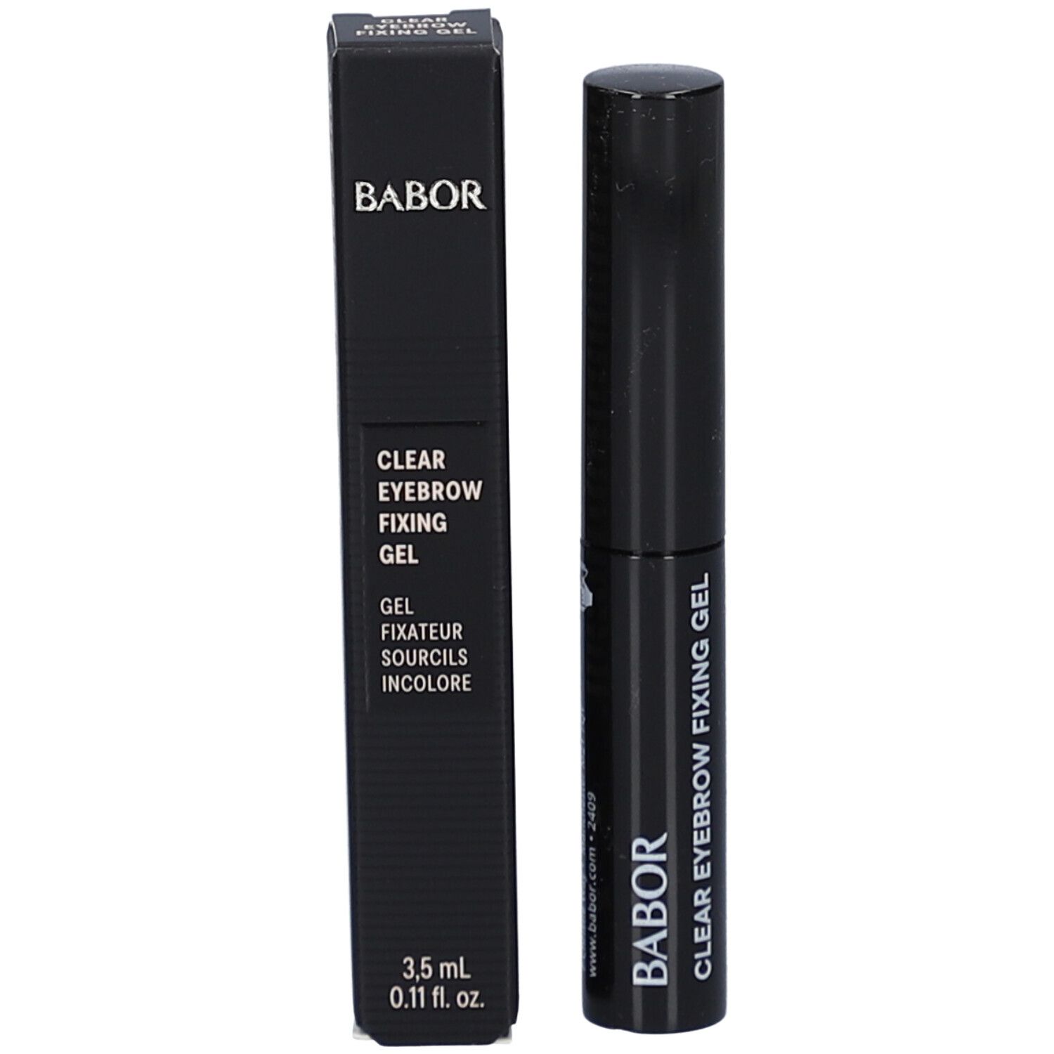 Zwarte tube en doos. Opschrift: Babor Clear Eyebrow Fixing Gel. 3,5 ml.