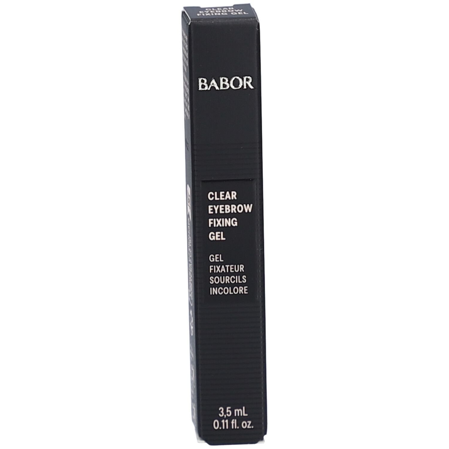 Zwarte doos. Opschrift: Babor Clear Eyebrow Fixing Gel. 3,5 ml.