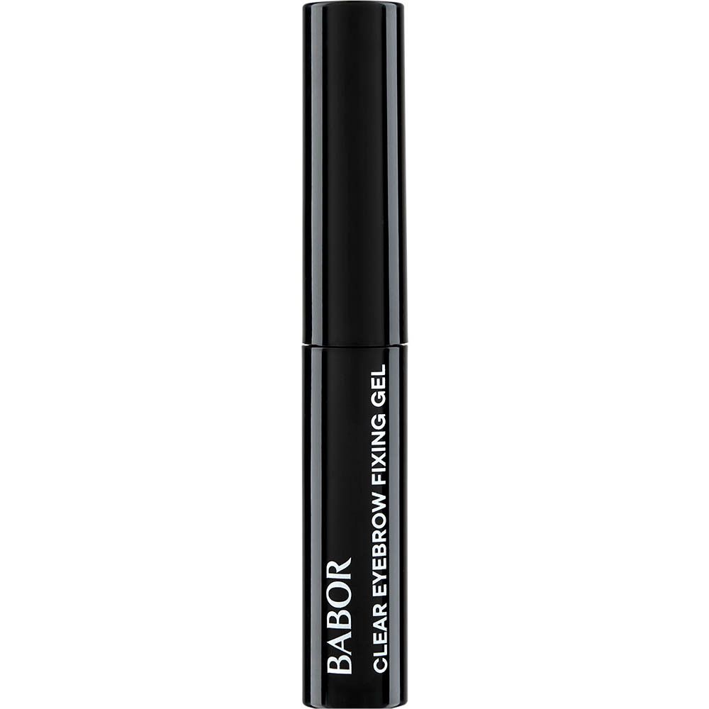 Zwarte tube met zwarte dop. Opschrift: BABOR CLEAR EYEBROW FIXING GEL.