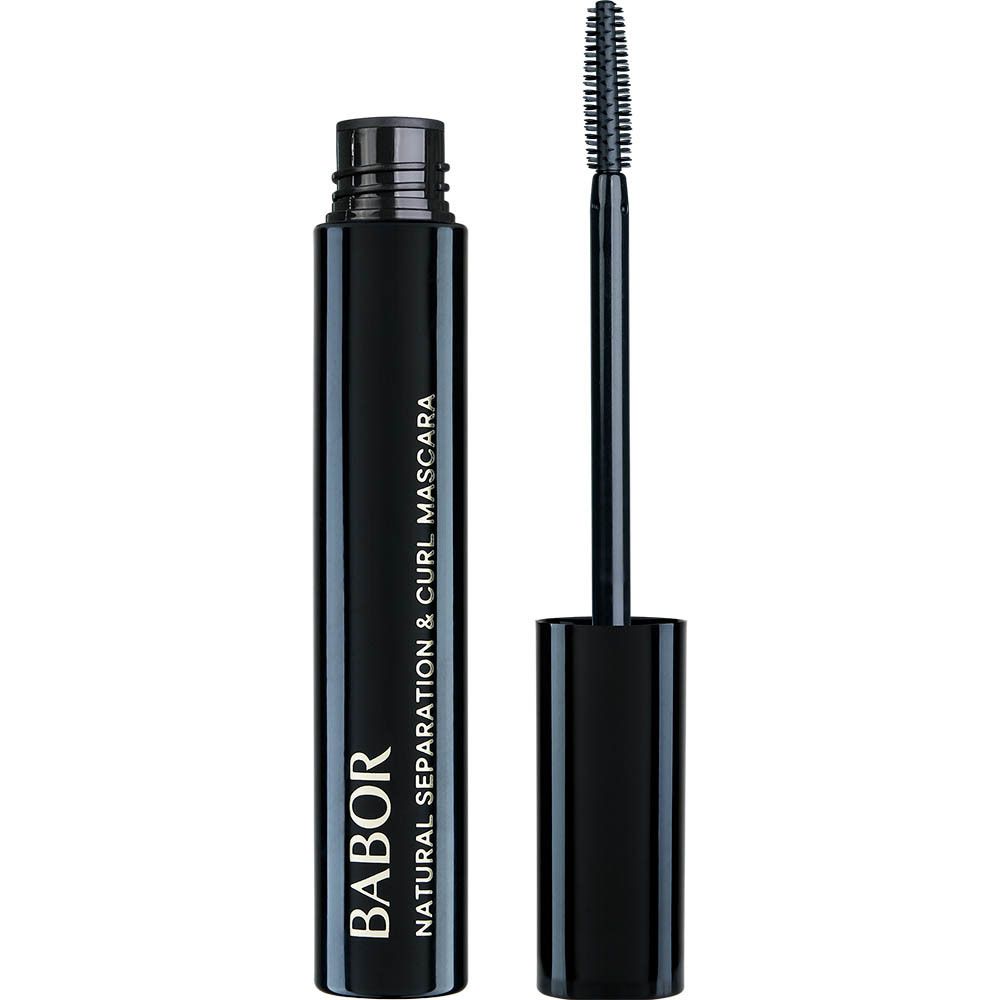 Open mascaraborstel. Zwarte borstel en houder. Opschrift: BABOR NATURAL SEPARATION & CURL MASCARA.