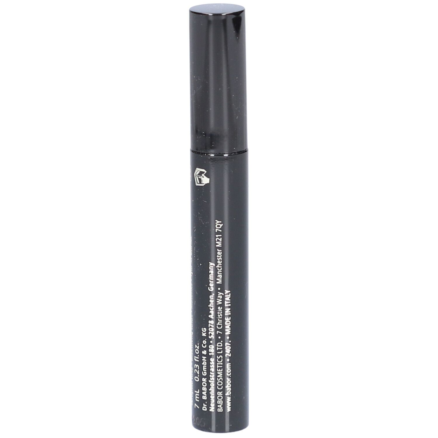 Brosse de mascara noire avec bouchon noir. Inscription: 7 ml 0,23 fl.oz. Babor. Fabriqué en Italie.