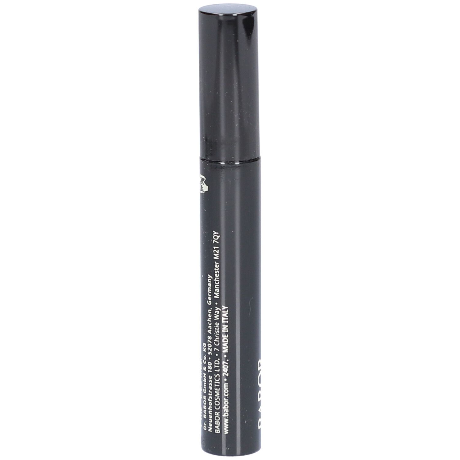 Brosse de mascara noire avec bouchon noir. Inscription: 7 ml 0,23 fl.oz. Babor. Fabriqué en Italie.