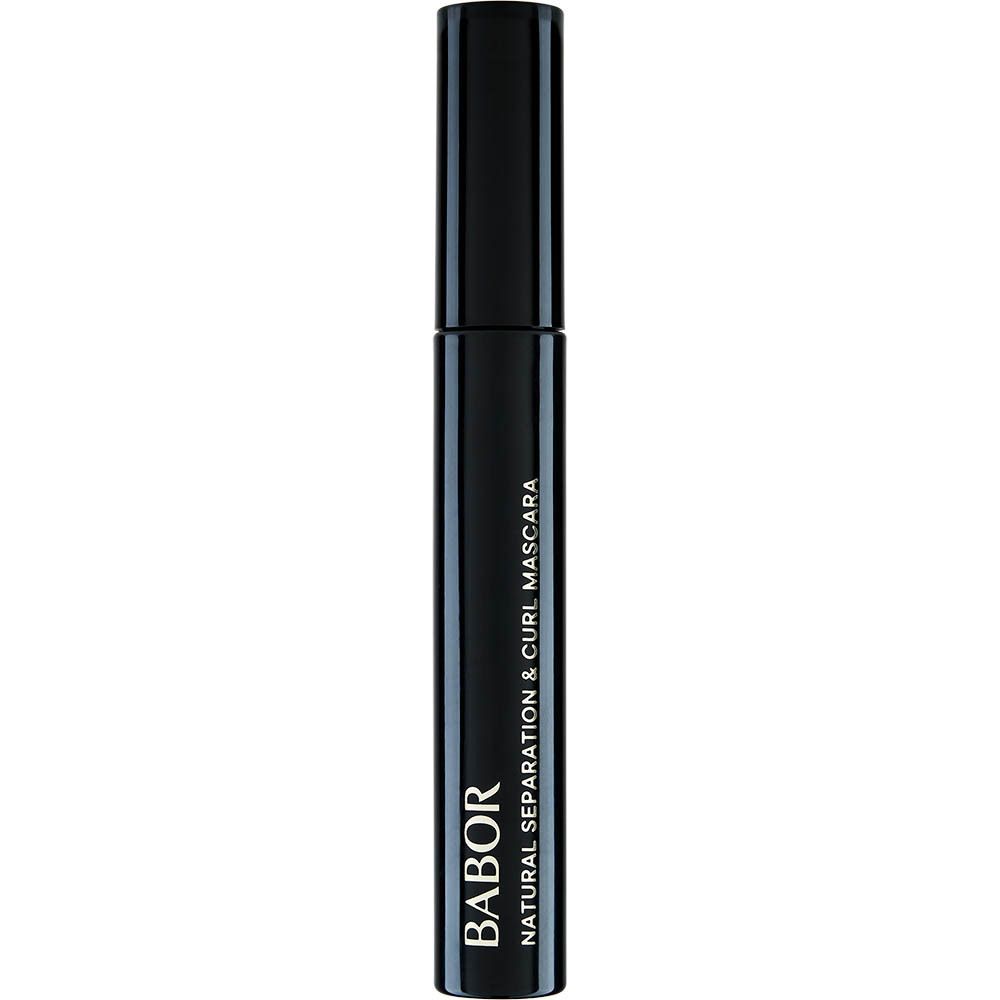 Zwarte mascaraborstel met zwarte dop. Opschrift: BABOR NATURAL SEPARATION & CURL MASCARA.