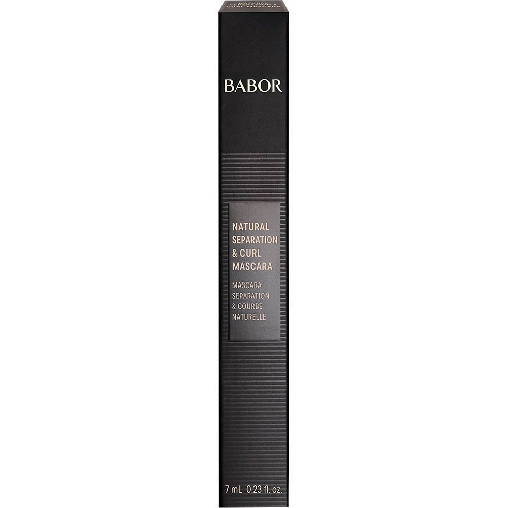 Zwarte verpakking. Opschrift: BABOR NATURAL SEPARATION & CURL MASCARA. 7 ml 0.23 fl.oz.